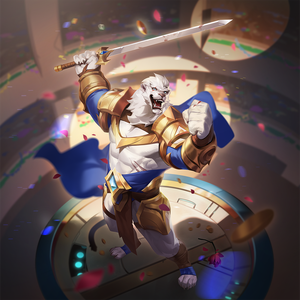 Maximus, an anthropomorphic-lion gladiator, basks in the glory of a victory.