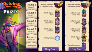 Prizes for each stage of the event as follows: Day One, Round 1 - Infinity Token;  Round 2 - artist-signed Common (Aladdin); Round 3 - signed Uncommon (Fortune Teller); Round 4 - signed Rare (Tsarmina, the Tyrant); Round 5 - Victory banner and 2 Day Two Invites; Day Two, participant - alt-art costume ('Big Break' Set); Round 1 - signed Epic (Papa Bear); Round 2 - signed Legendary (Anubis); Round 3 - signed Captain (Hades); Round 4 - signed Secret Rare (Ghost Armor); Round 5 - Champion banner and Seasonal invite.