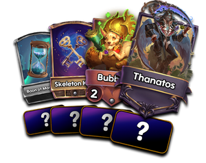Fanned-out Mythbound cards, with question-marks in their text boxes: Thanatos (captain card), Bubbles (common character), Skeleton Key (common treasure), Boon of Nemesis (treasure with an altered frame…)
