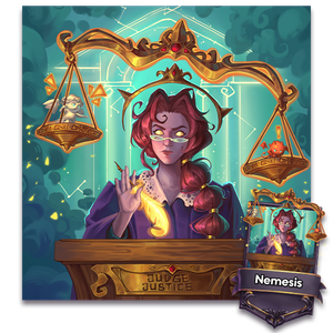 Nemesis, garbed in judge's robes, sits behind a podium with the nameplate 'Judge Justice'. Her scales are floating overhead.