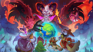 Hades with horns and angelic wings glares meanacingly over a tranquil world. Other gods of the nether realm congregate at its base.